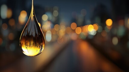 Wall Mural - Glimmering Water Drop Against a Blurred Cityscape at Night, Capturing Reflections and Bokeh Effect in Urban Environment