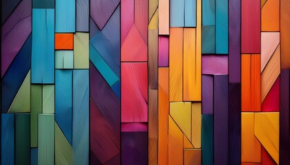 a contemporary abstract pattern with colorful wood paneling in various shades and vibrancy