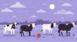 © bro - Cows grazing under the moonlight in a stylized illustration for various uses