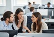 © Tiana_Geo - Colleagues gossip around office water cooler. Woman whispers secret to her coworkers, who look shocked and surprised. Scene captures confidential discussion, workplace rumors