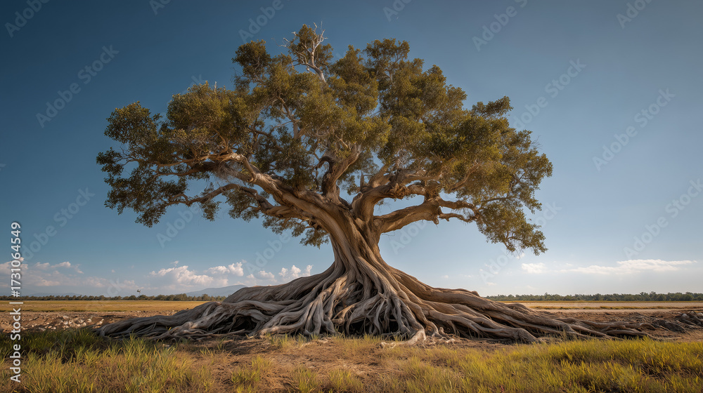 A massive tree with deep roots, symbolizing a company's unique and ...