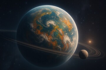 Wall Mural - Colorful alien planet with swirling cloud bands rings and varied terrain floating in space