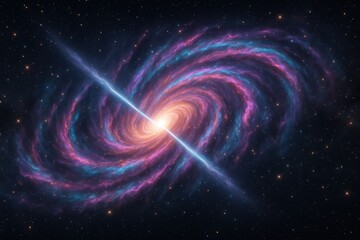 Wall Mural - Distant spiral galaxy with luminous core and energetic jets across starry space