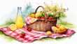 © Denise - a cute hand painted watercolor picnic scene with a basket full of summer fruits a checkered blanket and fresh lemonade 8k uhd suitable for high quality printing or digital display