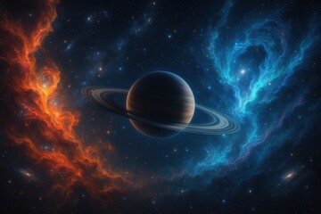 Wall Mural - Dramatic deep space vista with luminous nebulae ringed planet and sparkling starfields