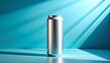 © Shin - Blank silver aluminum drink can mockup standing against a blue background with dramatic lighting