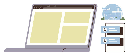 Laptop screen with browser and grid layout, airplane and airport graphic, chat interface. Ideal for travel, communication, technology, user interface, online planning, website design simple flat