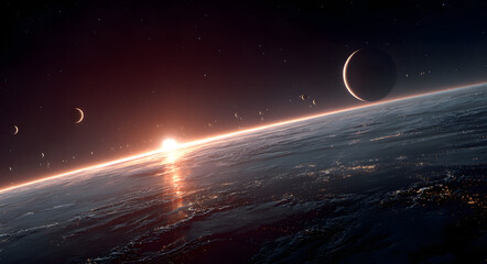Wall Mural - A time-lapse style space scene with planets orbiting a bright, pulsating star
