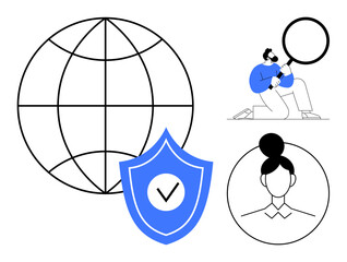 Wall Mural - Globe, shield with checkmark, person analyzing with magnifying glass, and female user icon. Ideal for online security, data protection, identity verification, privacy, compliance trust simple flat