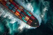 © Alina Art Works - Top down aerial view of large cargo container ship moving through rough ocean waves in international logistics
