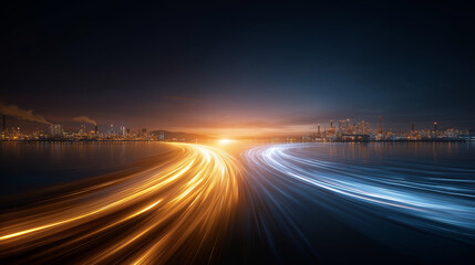 Wall Mural - Dynamic Pathways: A captivating long exposure captures the essence of movement and progress as vibrant light trails weave through the cityscape, creating a futuristic spectacle of speed and energy.