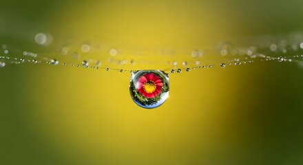Macro shot of a water droplet reflecting a red flower on a spiderweb