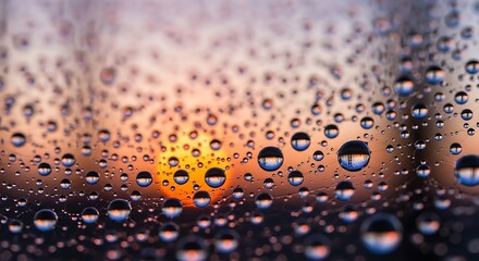 Water droplets on a spiderweb reflect a sunset