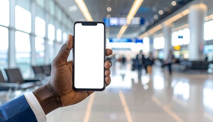 Businessman Holding Smartphone with Blank Screen at Airport Terminal.