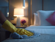 © sornram - A person cleans a hotel room at night with a focus on hygiene and comfort.