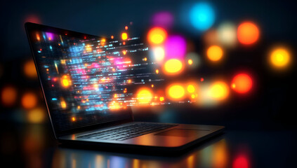 A laptop displaying vibrant coding graphics, symbolizing innovation and digital creativity.