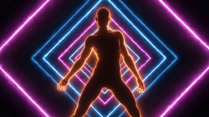 Glowing Neon Figure Standing in a Futuristic Light Tunnel