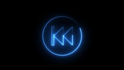 Glowing neon blue rewind media player button drawing animation on a dark black background, digital interface, media control, futuristic technology, or playback navigation