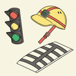 © akter - Collection of safety and traffic control elements including a traffic light hard hat and speed bump