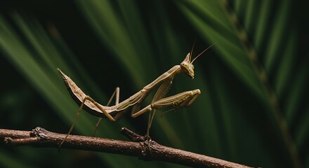 Praying mantis perched on a branch against a green foliage background