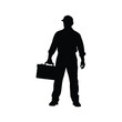 © hamiduls11arts - Silhouette of a man holding a briefcase, possibly a repairman or technician, mechanic holding toolbox silhouette vector illustration