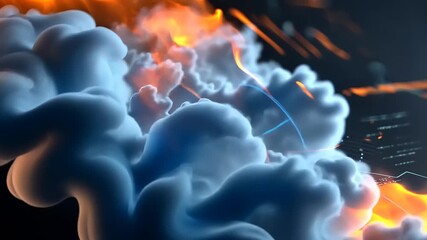 Wall Mural - Abstract depiction of swirling clouds with orange highlights against a digital data background