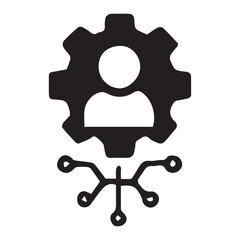 Minimalist black gear icon showing connection lines for software configuration, engineering, and automation system concept