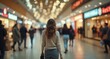 © joeycheung - A lone shopper strolls through a bustling modern mall corridor, surrounded by numerous other shoppers and bright retail displays.