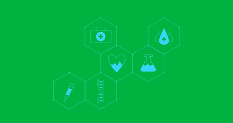 Wall Mural - Animation of network of medical icons and data processing over transparent background