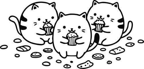  Digital art in the style of kawaii shows three chubby cats holding cupcakes amidst scattered cookies, creating a cheerful, lighthearted, and playful scene.
