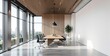 © VideoFlow - Modern conference room with wooden ceiling design and minimalist concept, featuring panoramic windows and natural light filled interior workspace. Ai generative