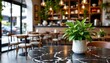 © AIvory - An indoor setting that appears to be a modern restaurant with a cozy ambiance. At the center of the image is a marble dining table with chairs around it, suggesting a communal dining space