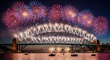Colorful fireworks display over Sydney Harbour Bridge at night