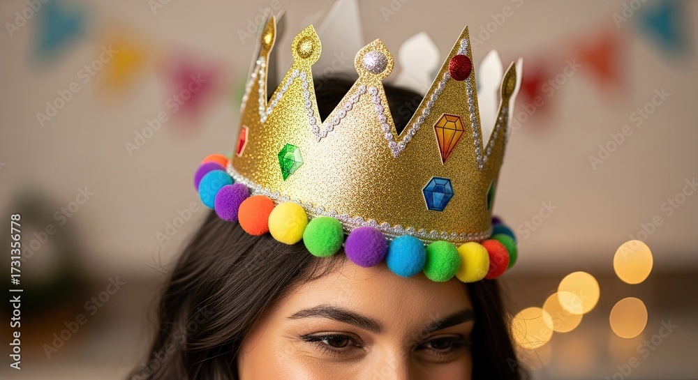 Colorfull Crown Young woman wearing a colorful crown at a festive celebration Stock ...
