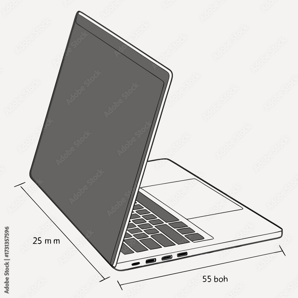 Illustration of a modern laptop with dimensions indicated for height ...