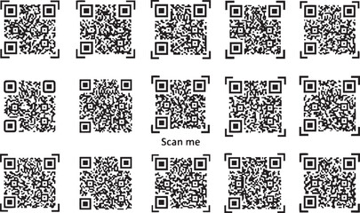 Set of various QR codes scannable matrix barcodes for product information and mobile payment isolated on white background