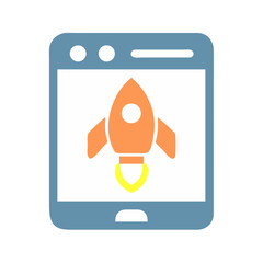 Rocket launch illustration on mobile device, startup concept