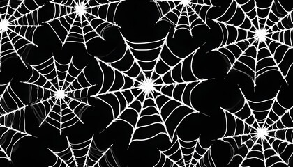 Spooky spider web seamless pattern background, black and white, minimal horror aesthetic.