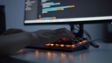 Close Up of Hands Typing on Backlit Keyboard with Orange Lighting and Monitor Displaying Blurred Code Against Dim Dark Blue Background at Eye Level Perfect for Software Development and Cyber Security