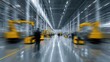 © pingpao - A high-tech industrial space with blurred figures and robotic machines, showcasing modern automation in a sleek, spacious environment.