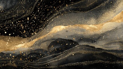 Wall Mural - Abstract cosmic landscape with golden particles and flowing dark waves