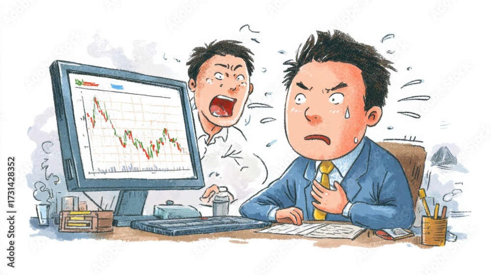 Two men react in shock to a declining stock chart on a computer screen ...
