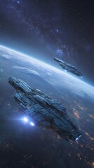 Wall Mural - Spaceships orbiting a planet with glowing city lights below in a star-filled universe