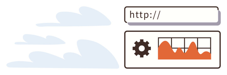 URL search bar paired with gear icon and data graph, symbolizing website analytics. Ideal for web development, digital marketing, SEO, data management, cloud computing, technology, simple flat