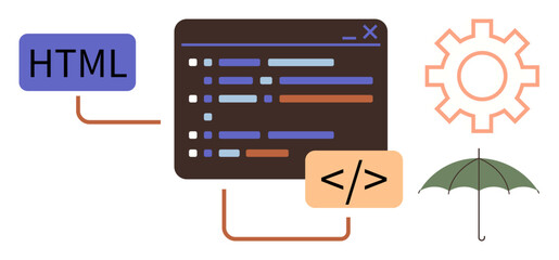 Code editor with programming lines, HTML tag, code icon, gear, and umbrella. Ideal for web design, coding, development digital protection technology software and creativity. Simple flat metaphor