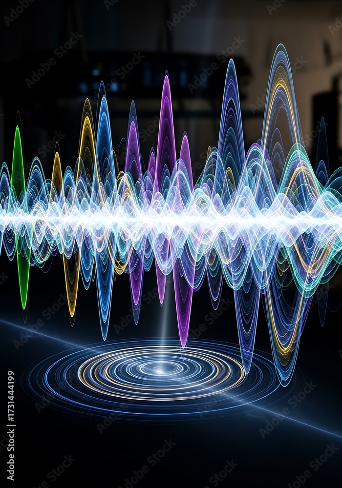 Digital sound visualization depicting vibrant waveforms and concentric ...