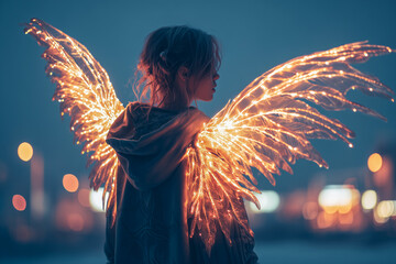 Wall Mural - glowing angelic wings made of light behind human figure
