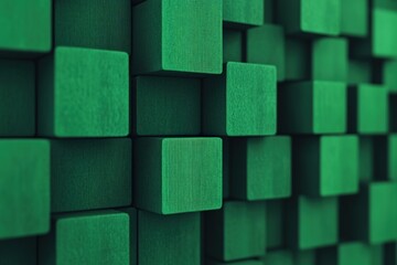 Green wooden blocks forming a textured abstract background, showing an array of geometric shapes and depth
