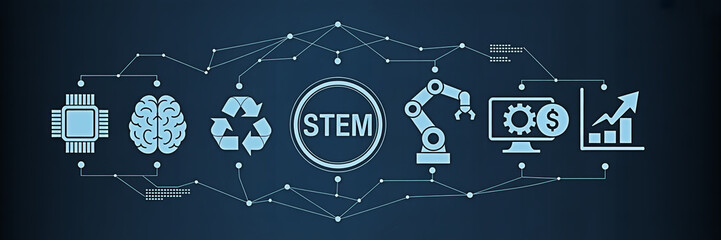 Conceptual stem education background with technology icons on a dark blue connected network design