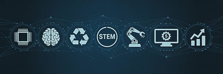 Conceptual stem education background with technology icons representing science and engineering